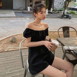 Plain Puff-sleeve Shirred Wide-leg Playsuit