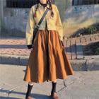 Corduroy Cropped Jacket / High-waist Plain A-line Skirt