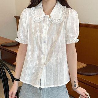 Puff-sleeve Peter Pan Collar Lace Trim Shirt