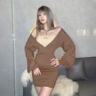 Mock Two-piece Long-sleeve Off-shoulder Mini Bodycon Dress