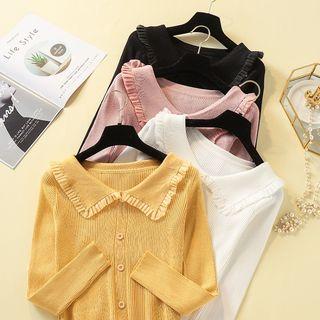 Ruffled Collar Ribbed Cardigan