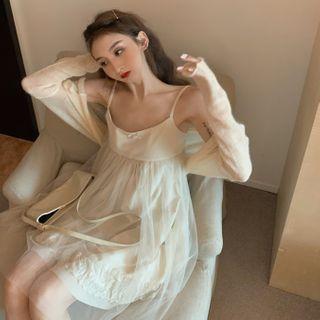 Mesh Sleeveless Dress / Plain Cardigan