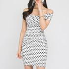 Short-sleeve Off-shoulder Polka Dot Mini Sheath Dress