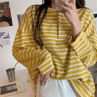 Long-sleeve Striped Button-up T-shirt