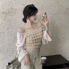 Off-shoulder Knit Panel Chiffon Sleeve Cropped Top