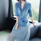 Elbow-sleeve Denim Panel Midi A-line Dress