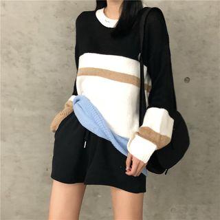 Color-block Loose-fit Knit Top As Figure - One Size