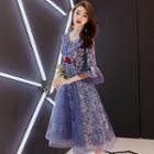 Bell-sleeve V-neck Mesh Overlay A-line Prom Dress