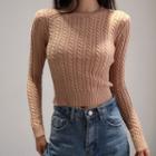 Long-sleeve Round Neck Plain Cable Knit Sweater