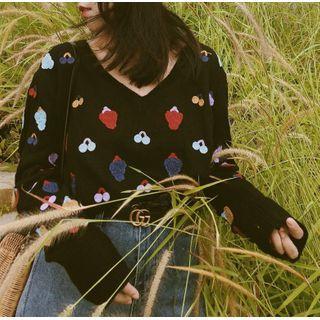 V-neck Fruit Embroidered Sweater