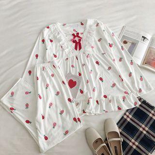 Set:printed Ruffled-trim Long-sleeve Top + High-waist Cropped Pants
