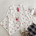 Set:printed Ruffled-trim Long-sleeve Top + High-waist Cropped Pants
