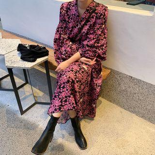 Flower Print Long-sleeve Midi Dress Purple - One Size