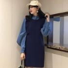 Set: Lantern-sleeve Blouse + Ruffled Mini Knit Pinafore Dress