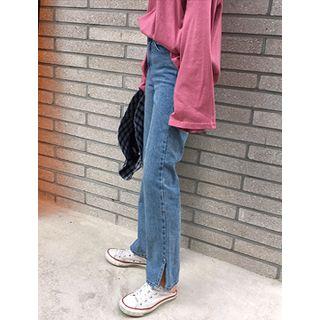 Slit-side Washed Straight-cut Jeans