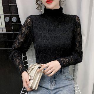 Long-sleeve High-neck Lace Knit Top