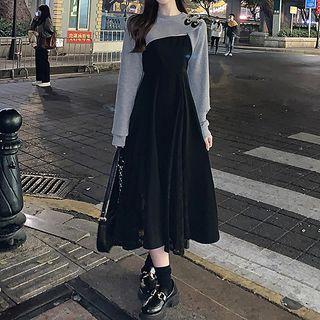 Spaghetti Strap Lace Panel Midi A-line Dress / Long-sleeve Crop Top