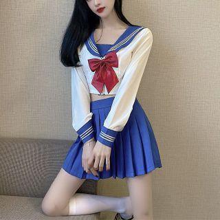 Sailor Collar Ribbon Tie-neck Blouse / Pleated Mini A-line Skirt / Set