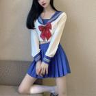 Sailor Collar Ribbon Tie-neck Blouse / Pleated Mini A-line Skirt / Set