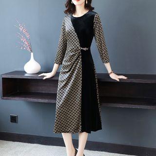 Long-sleeve Pattern Panel Midi A-line Dress