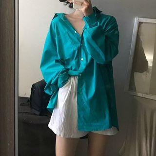 Long-sleeve Plaid Shirt Aqua Blue - One Size