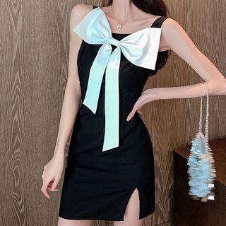 Two-tone Bow Spaghetti Strap Mini Bodycon Dress