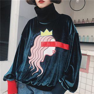 Printed High Neck Velvet Pullover