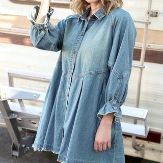 Bell-sleeve Denim Mini A-line Shirtdress