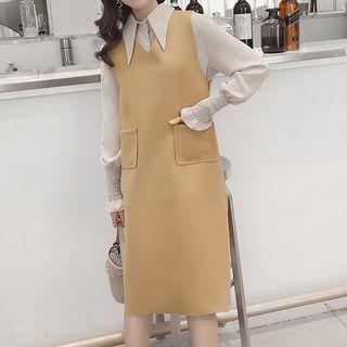 Set: Plain Shirt + Sleeveless V-neck Dress