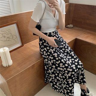 Frill Trim Plain Top / High-waist Floral Printed Skirt