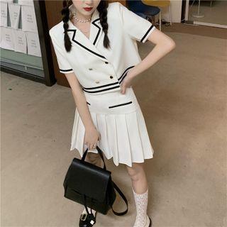 Set: Short-sleeve Blazer + Pleated A-line Skirt