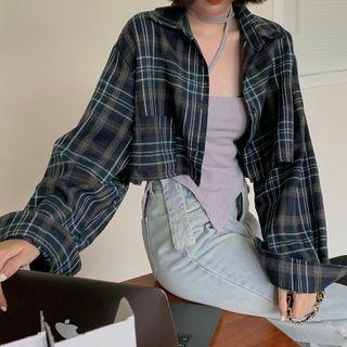 Cropped Plaid Shirt Plaid - Blue - One Size