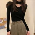 Semi High-neck Cut-out Long-sleeve Knit Top
