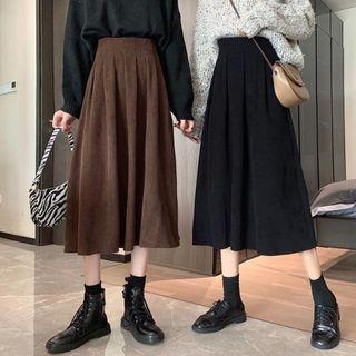 High-waist Plain Corduroy Pleated Skirt