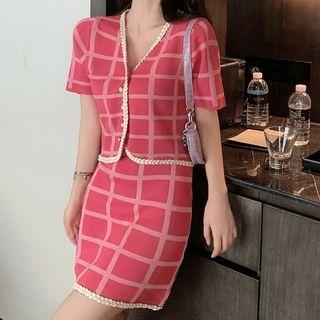 Set Of 2: Knit Plaid Top + Skirt Red - One Size