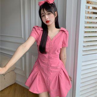 Short-sleeve V-neck Single-breasted Mini A-line Dress