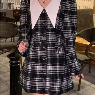 Long-sleeve Collared Plaid Mini A-line Dress Plaid - Black & White - One Size