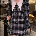 Long-sleeve Collared Plaid Mini A-line Dress Plaid - Black & White - One Size