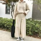 Set: Plain Loose-fit Hooded Pullover + Wide-leg Pants