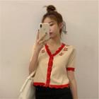 Short-sleeve Embroidered Knit Top Red - One Size