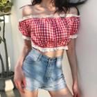 Short-sleeve Lace Trim Checker Cropped Top