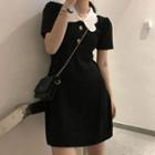 Short-sleeve Collared Mini Knit Dress Black - One Size