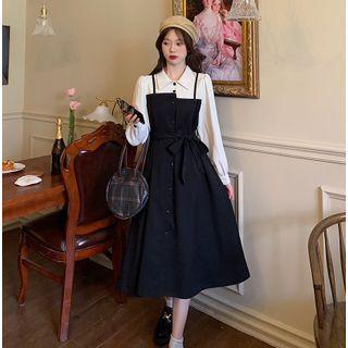 Long-sleeve Mock Two-piece Button-up Midi Dress
