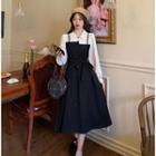 Long-sleeve Mock Two-piece Button-up Midi Dress