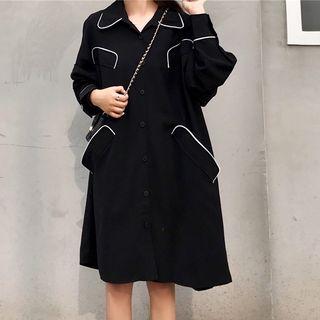 Contrast Trim Long-sleeve Shirt Dress Black - One Size