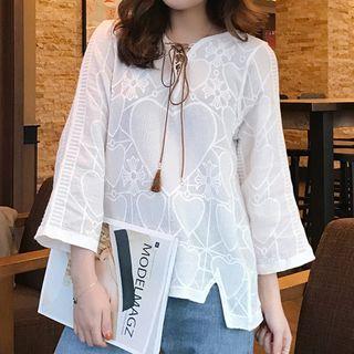 Set: Embroidered Blouse + Lace Camisole Top