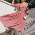 Striped Ruffle Cold-shoulder A-line Sundress