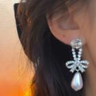 Rhinestone Bow Faux Pearl Earring White - 1423a#
