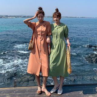 Single-breasted Elbow-sleeve Midi A-line Dress