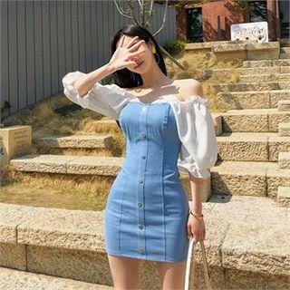 Chiffon-sleeve Denim Mini Dress